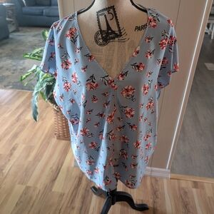 Hilary Radley Floral V-Neck Blouse - Light Blue and Red